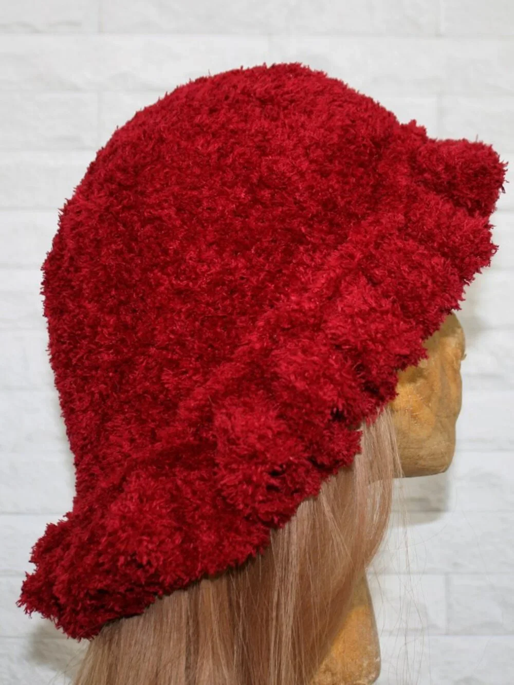 HAND CRAFTED Hat Crochet Bucket Teddy Faux Fur Winter Full Ruffle Red Burgundy